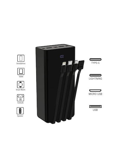 30.000 Mah Çoklu Kablolu Dijital Gösterge Powerbank Şarj Aleti 2x Usb Çıkışlı Powebank 30.000 Mah