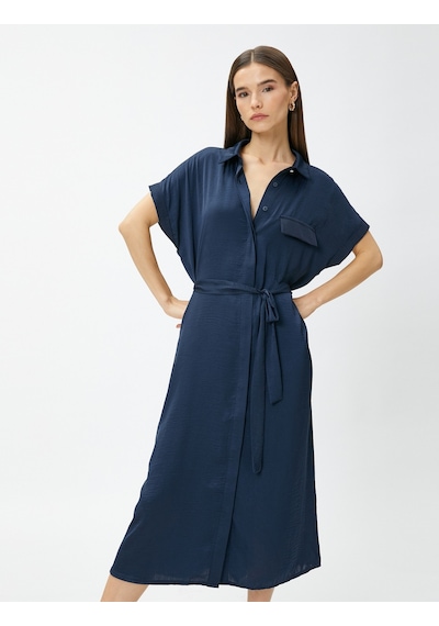 Koton Oversize Midi Gömlek Elbise Kemerli Lacivert 3sak80073pw 3SAK80073PW710