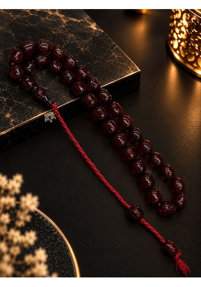 Omari Osmanlı Benzetme Kapsül Kesim Koyu Vişne Sıkma Kehribar Tesbih 11x12 Mm Bordo