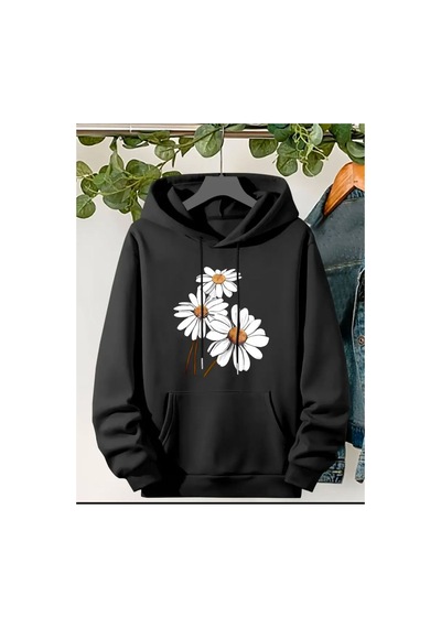 Medinenur Papatya Baskılı Kapüşonlu Sweatshirt Siyah