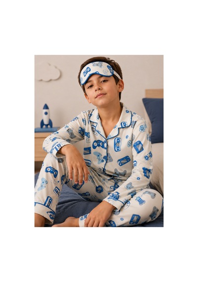 Free Beka Erkek Çocuk Önden Düğmeli Konsol Desenli Uzun Kollu Pijama Takımı Ve Göz Bandı Krem
