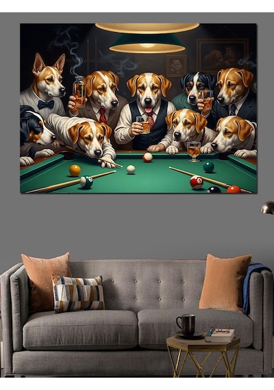 Ahşap Tablo Bilardo Oynayan Sevimli Köpekler Grubu