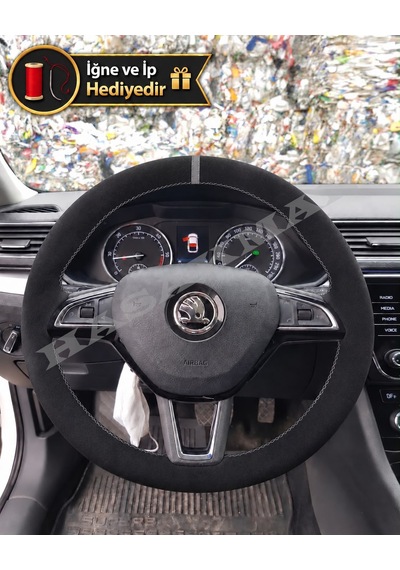Skoda Citigo Dikme Direksiyon Kılıfı Full Alcantara Süet Gri Yüzük Ve Gri Dikiş 2016-2020 Siyah