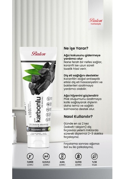 Balen Doğal Aktif Karbon Özlü Diş Macunu 100 Ml