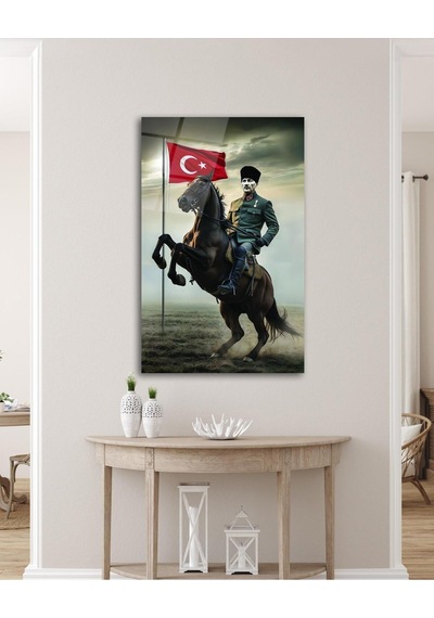 Atatürk Portre Ve Türk Bayrağı Cam Tablo Modern Ev Ofis Salon Hediyelik Büyük Tablo Duvar Dekoru