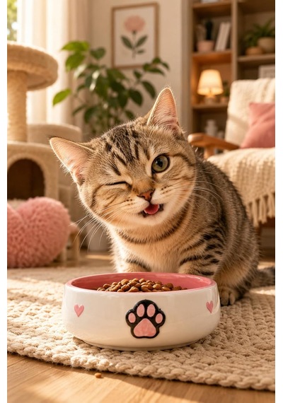 Lüks Seramik Mama Kabı Pati Kedi Köpek Kalp Desen Kabartmalı Doğal Renkli Kedi Ve Köpek Yemek Su Kasesi, Devrilmez Premium Dekoratif Porselen Yapı 1 Adet Tekli Pembe
