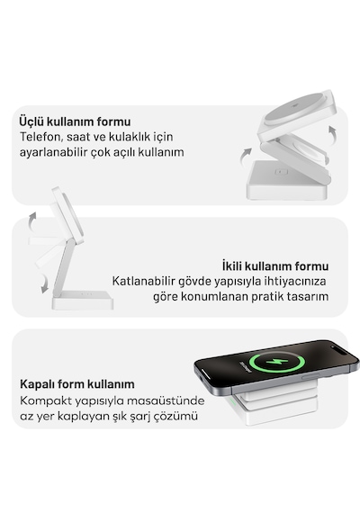 Woyax Wireless Qı2 Kablosuz Şarj Standı Katlanabilir Apple Uyumlu iPhone-iwatch-AirPods Uyumlu 15w Hızlı Telefon Kulaklık Saat 3in1 Beyaz