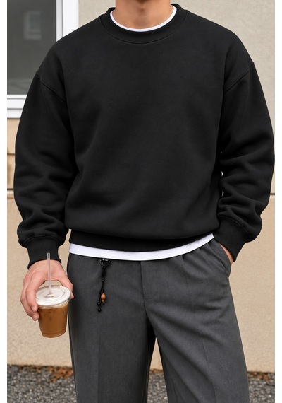 Cool Tarz Erkek 3 İplik Şardonlu Regular Fit Bisiklet Yaka Basic Sweatshirt Siyah Siyah