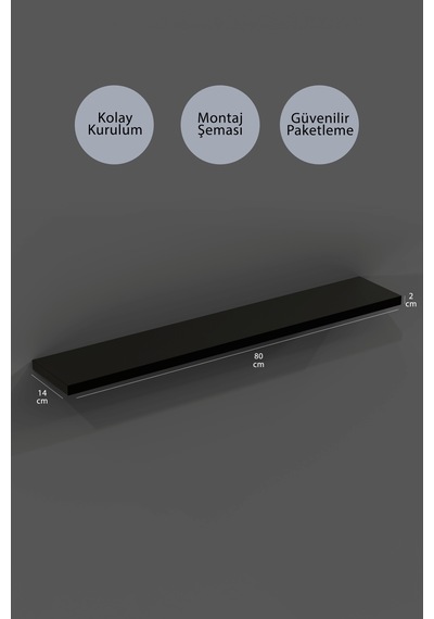 Yankı-BYEG 3lü 80 cm Mat Siyah Mdf Duvar Rafı Gizli Bağlantı Kitaplık