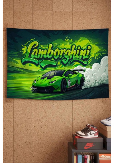 Lamborghini Yeşil Spor Araba Graffiti Drift Dekoratif Duvar Örtüsü Duvar Halısı Beyaz