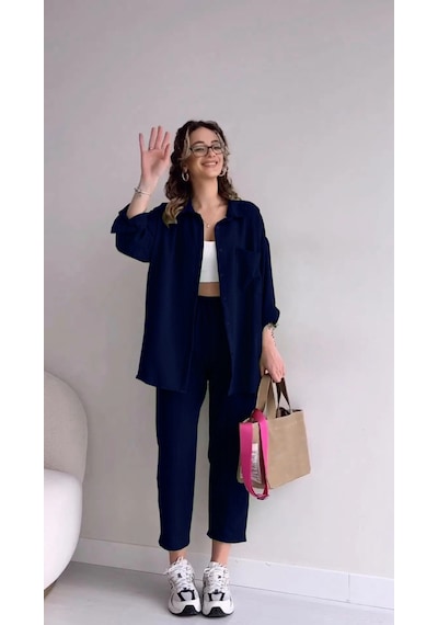 Barbora Keten Günlük 2'li Takım Elbise Pantolon Gömlek Ln21lacivert6 001