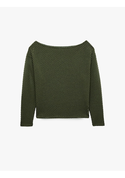 Koton File Dokulu Uzun Kollu Kayık Yaka Oversize Bluz Yeşil 7wak80043ek