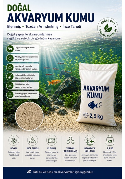 Doğal Akvaryum Kumu Açık Bej 2,5 Kg İnce Taneli Elenmiş Tozdan Arındırılmış Fırında Kurutulmuş