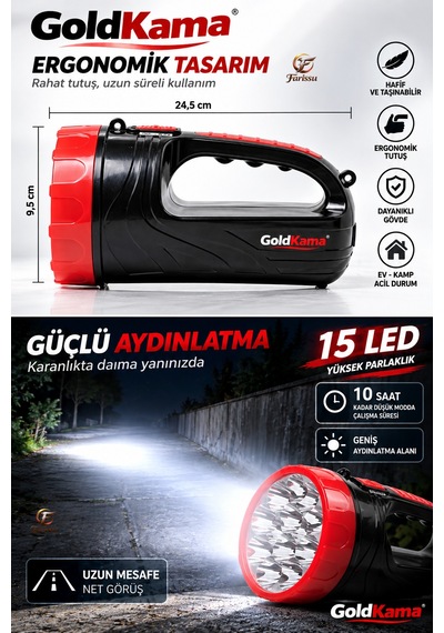 15 Led Şarj Edilebilir El Feneri Projektör 2 Kademeli Uzun Menzilli Güçlü Işıldak Siyah
