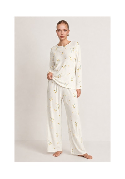 Fit Women Kadın Desenli Uzun Kollu Ekru Pijama Takımı 4722