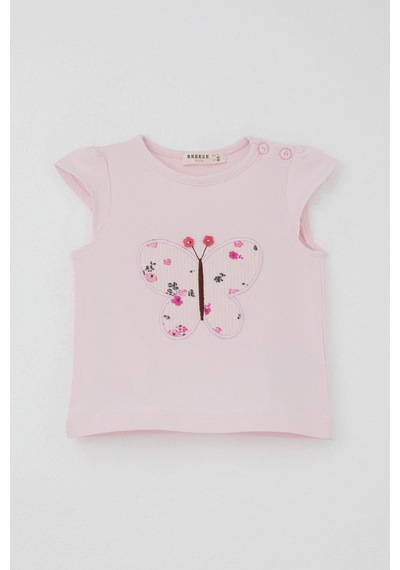 Breeze Kız Bebek Şortlu Takım Çiçek Baskılı Kelebek Nakışlı Düğme Aksesuarlı 6 Ay-2 Yaş, Pembe Pembe