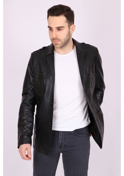 Aclassics Erkek Siyah Hakiki Deri Yakalı Casual Klasik Ceket Mont