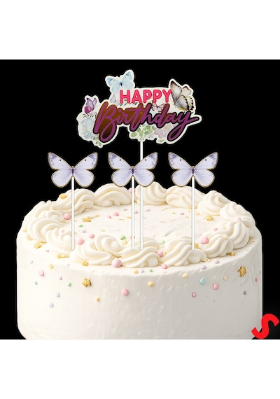 Kelebekli Happy Birthday Pasta Süsü 4 Lü Set - Mor