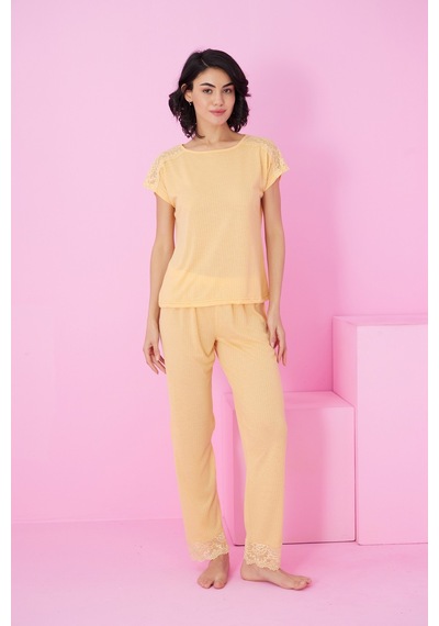 Siyah İnci Soft Touch İnce Mevsimlik Dantel Detaylı Örme Pijama Takım7864 sari