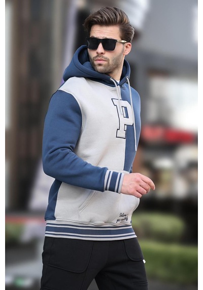 Madmext Lacivert Renk Bloklu Kapüşonlu Baskılı Erkek Sweatshirt 7078 Lacivert