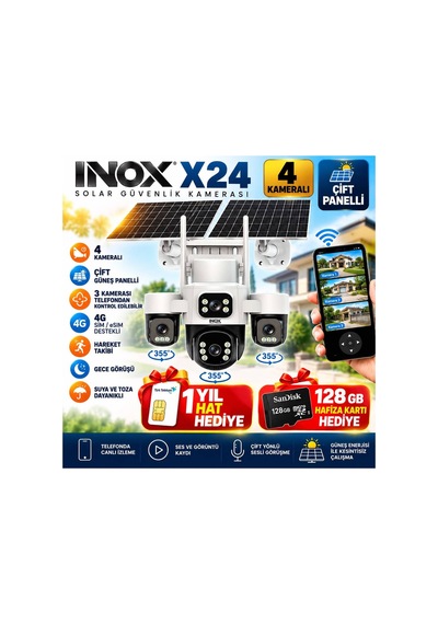 Inox X24 4g+ E-sim 3xptz Solar Kamera 4x2mp 4k Hd 16.000mah 128gb Hafıza Kartlı Paket