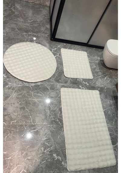 3'lü Kaymaz Taban Peluş Banyo Klozet Takımı 60x100 + 50x60 + 80x80 Yuvarlak Krem