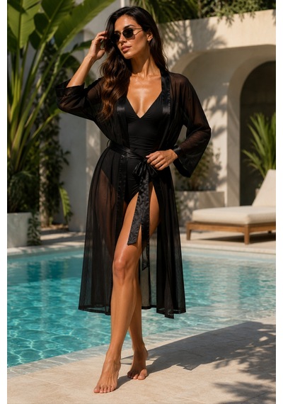 Qmen Style Kadın Şifon Kimono- Pijama - Şort Seti Siyah