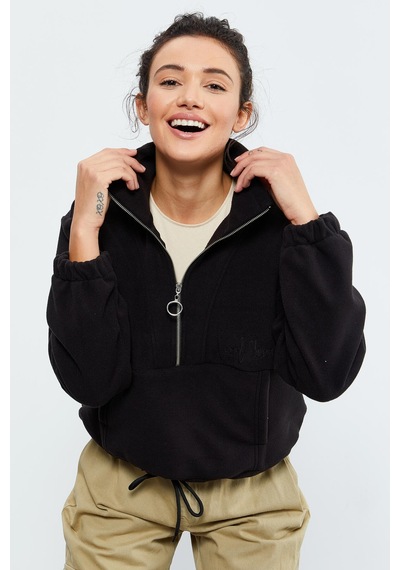 Tommy Life Siyah Yarım Fermuar Etek Ucu Büzgülü Kadın Polar Oversize Sweatshirt - 97171 Siyah
