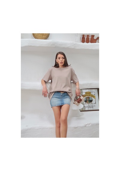 Paw Garage Kadın Mia İnterlok Kumaş Bisiklet Yaka Oversize T-shirt Vizon