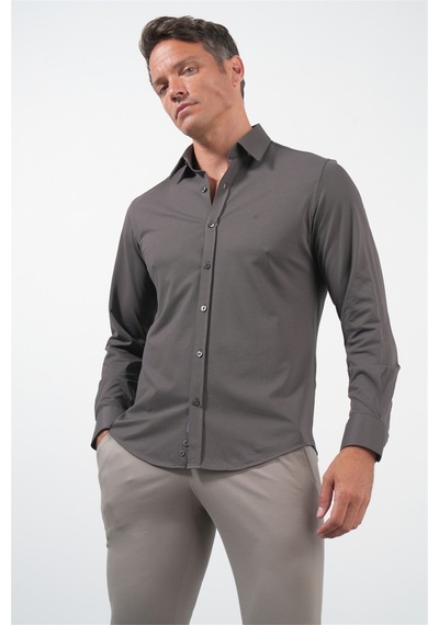 İmza Kahverengi Tulum Yaka Uzun Kol Cepsiz Örme Slim Fit Pamuklu Gömlek 1004260208