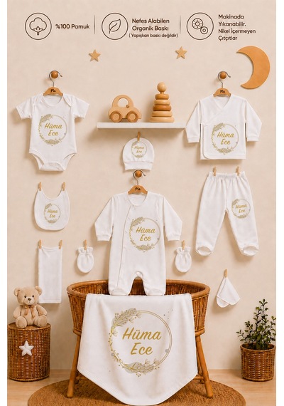 Pia Baby Kız Bebek Hastane Çıkışı Seti 10 Parça %100 Pamuk Kişiye Özel İsim Baskılı 1066100x Ekru