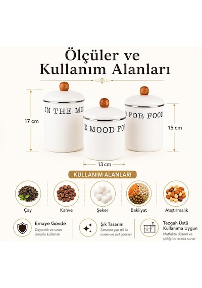 3'lü Emaye Saklama Kabı Seti, Ahşap Topuzlu Kapaklı Beyaz Mutfak Kavanozu, Kahve Çay Şeker Bakliyat Ve Kuru Gıda Düzenleyici Çok Renkli