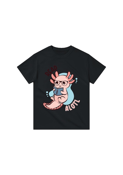 Paybuy Çocuk Baskılı Tişört Gözlüklü Axolotl Kitap Sevgili Tasarım Kısa Siyah