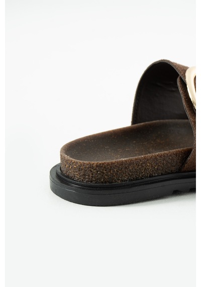 Duxal Shoes Renata Kahverengi Süet Çift Bantlı Gold Tokalı Konfor Taban Kadın Terlik Acıkahve Süet
