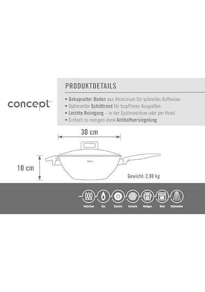 1030nc Concept Wok Karıştırma Tavası, Endüktif, Ø 30 Cm, 10 Cm Yüksekliğinde, Tüm Ocak Türleri İçin Uygundur, Diğer