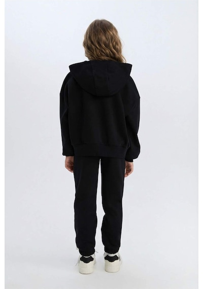 DeFacto Kız Çocuk 2'li Takım Kapüşonlu Baskılı Sweatshirt Beli Lastikli Jogger Alt D2219A824WNBK81 Siyah