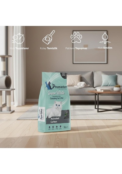 Süper Beyaz Doğal Bentonit Topaklanan Kedi Kumu Aktif Karbon Kokulu 5 Lt