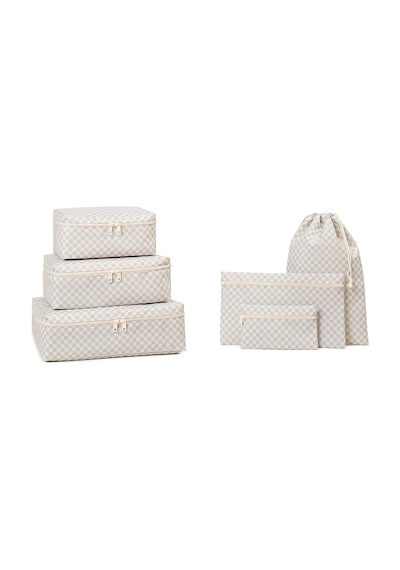 Ocean Home Textile 6'lı Yıkanabilir Gri Dama Desen Pamuklu Bavul İçi Düzenleyici Set Gri