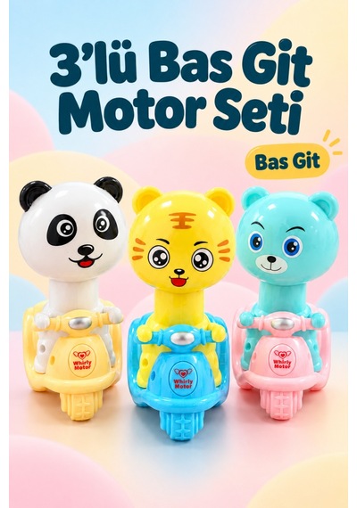 3 Lü Bas Git Oyuncak Motor Seti Panda Kaplan Ve Ayıcık Figürlü 12 Cm Renkli Motorlar
