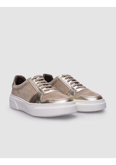 %100 Hakiki Deri Bej Bağcıklı Kadın Sneaker Bej