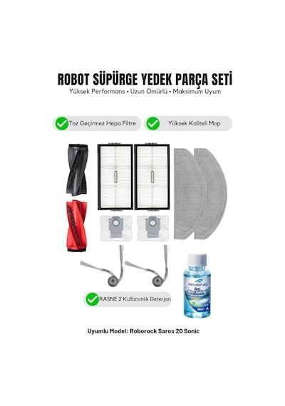 Roborock Saros 20 Sonic İle Uyumlu 1 Ana Fırça 2 Yan Fırça 2 Filtre 2 Mop 1 Deterjan 2 Toz Torbası 7.0