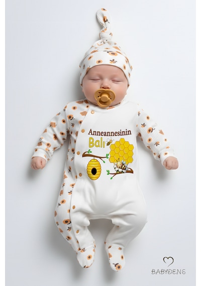 Babyden's Anneannesinin Balı Yazılı Yenidoğan Bebek Tulum Şapka Set Arı Desenli Unisex Çıtçıtlı Bebek Tulum Ekru - Sarı
