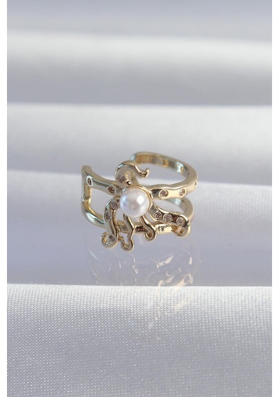 Pirinç Gold Renk İncili Ahtapot Earcuff Küpe