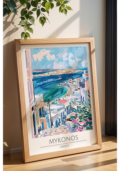 Yunanistan Mykonos Temalı Çerçeveli Tablo Travel Serisi Modern İllüstrasyon Ada Duvar Dekoru Kayın