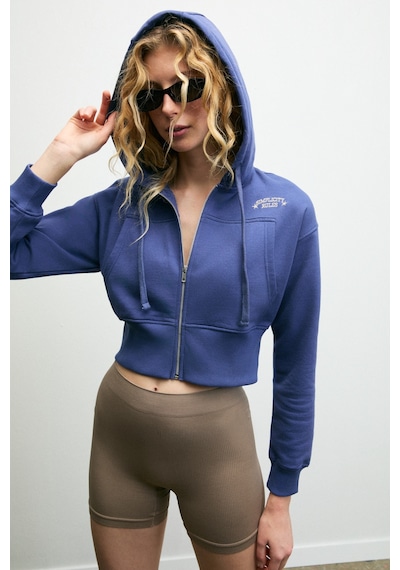 Grımelange Elara Kadın Metal Fermuarlı Nakışlı Kapüşonlu Crop İndigo Sweatshirt İndigo