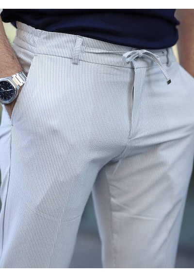Slim Fit Likralı Jogger Pantolon Beyaz Mavi Çizgili