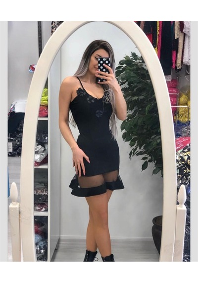 Pink Life Transparan Detaylı Güpürlü Askılı Mini Elbise-siyah Siyah