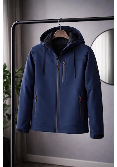 Vatan Tekstil Erkek Slim Fit Softshell Kapüşonlu Erkek Mont Su İtici Rüzgar Geçirmez Lacivert
