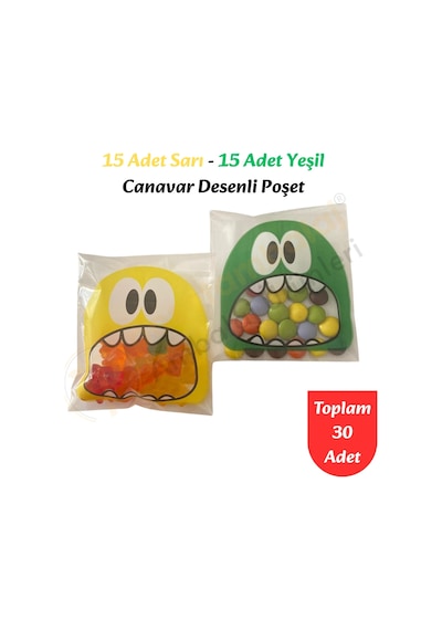30 Adet Sarı-yeşil Renkli Canavar Desenli Cake Pop & Kurabiye Poşeti-10x15 Cm