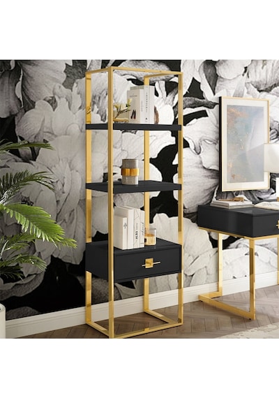Rihanna Gold Metal Siyah Çalışma Masası Ve 2 Adet Kitaplık
